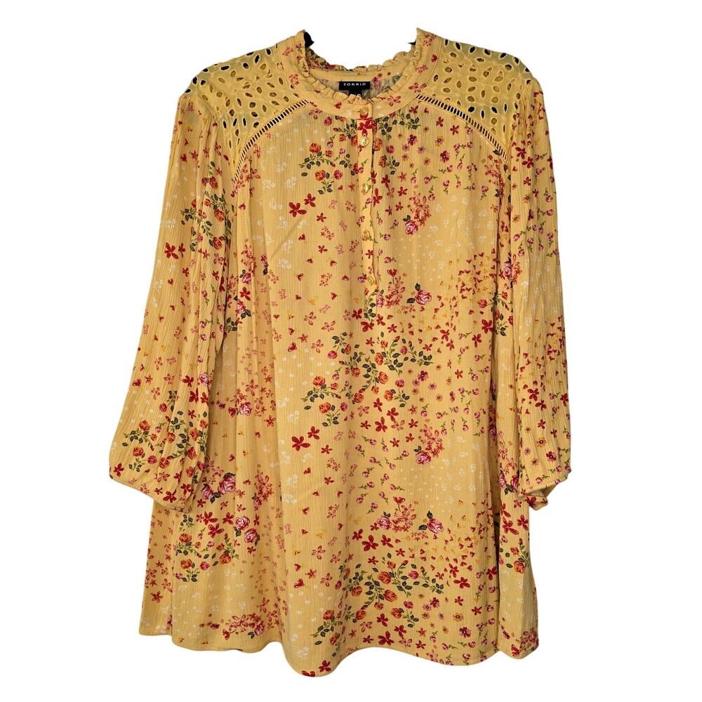 Torrid Top Blouse Womens Plus Size 1X Yellow Floral Bohemian Coquete Summer Boho